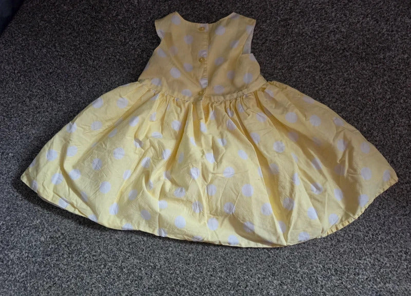 Primark Baby Girls Pastel Yellow & White Polka Dot Lined Sleeveless Dress 9-12 Months