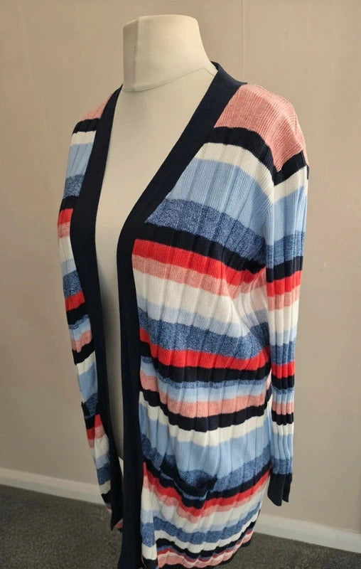 Matalan Blue Red & White Striped Knitted Midi Cardigan Size Medium Size 12-14