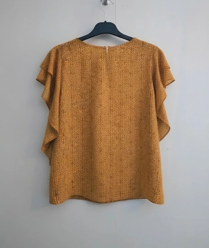 EasyWear Mustard Orange Black Abstract Print Blouse Size 12 Frill Flutter Sleeve Top
