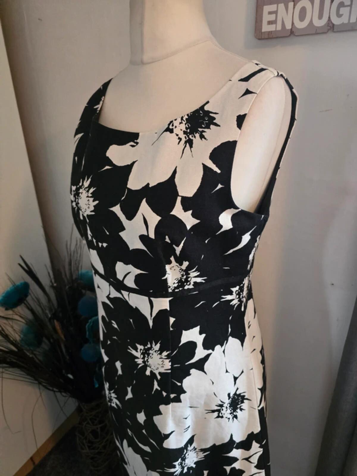 Laura Ashley Monochrome Cotton-Linen Floral Midi Dress Size 14