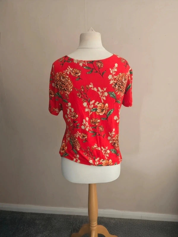 Anna Rose Red Floral Gem Collar Short Sleeved T-Shirt L Size 14-16