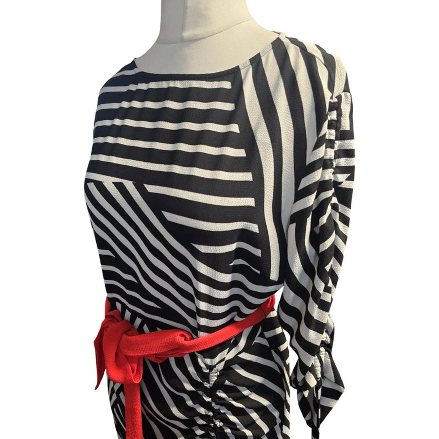 Studio by Preen Stripe Midi Dress Black White Size 12 Ruched Detail & Red Belt