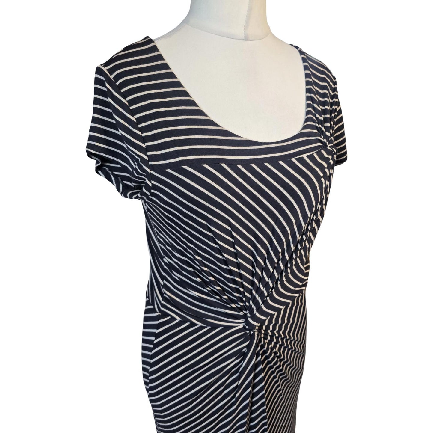 Laura Ashley Dress Black & Beige Striped Knotted Causal Weekend Size 14