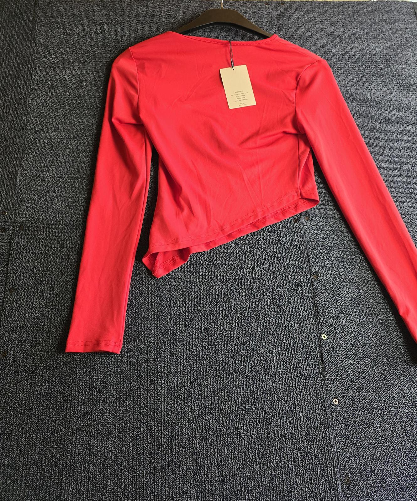 Shein Red Asymmetrical Crop Top XS 6-8 Long Sleeve Bodycon NWT