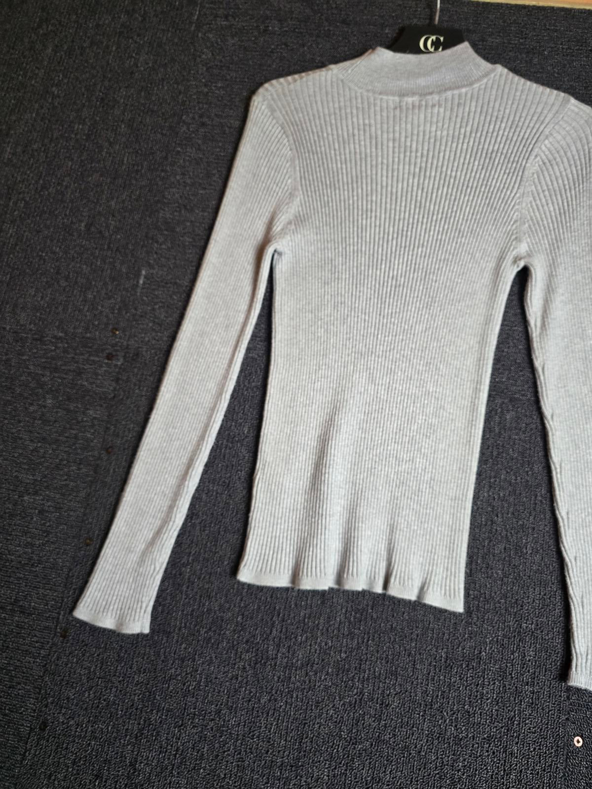 New Look Grey Ribbed High Neck Top Long Sleeve Size 12