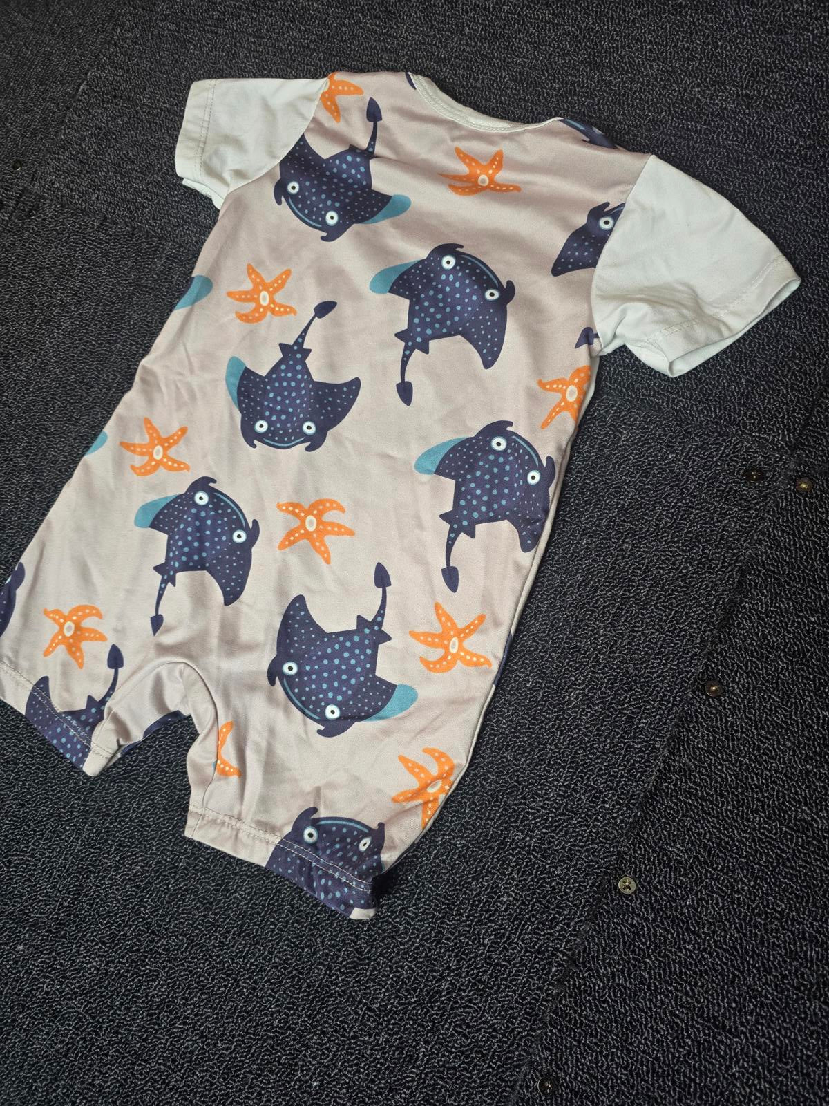 Boys short sleeved romper beige & white 3-6months