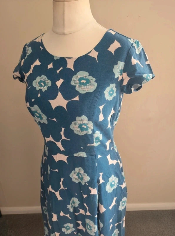 Lily & Me Blue & Green Floral Linen Blend Fit & Flare Midi Dress Size 10