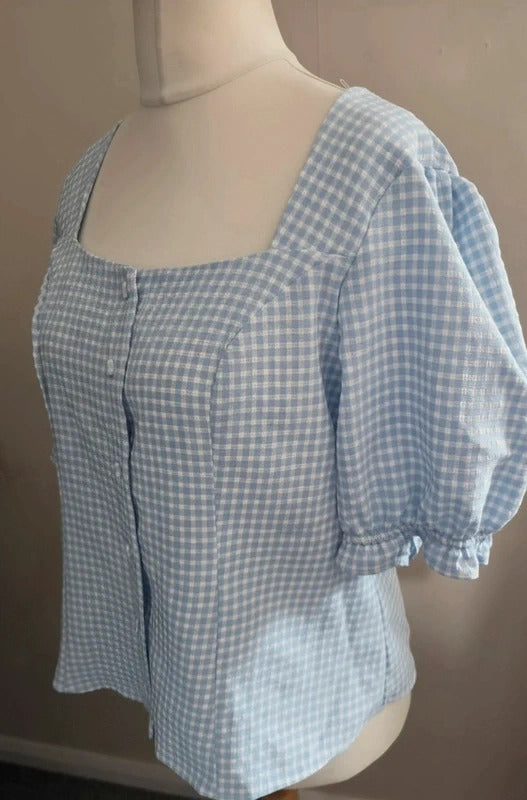 New Look Light Blue & White Gingham Checked Square Neck Top NWT Size 16