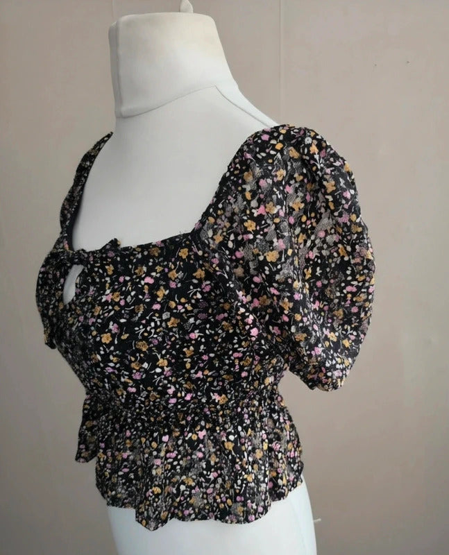 Topshop Black Floral Multicoloured Netted Tie Front Crop Peplum Top Size 10
