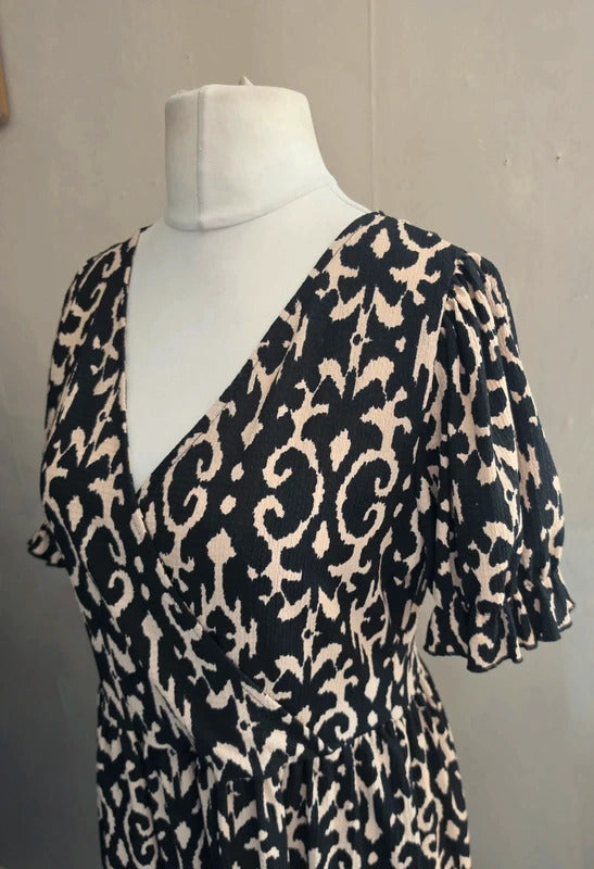 F&F Brown & Black Patterned V-Neck Fit & Flare Midi Dress Size 12-14