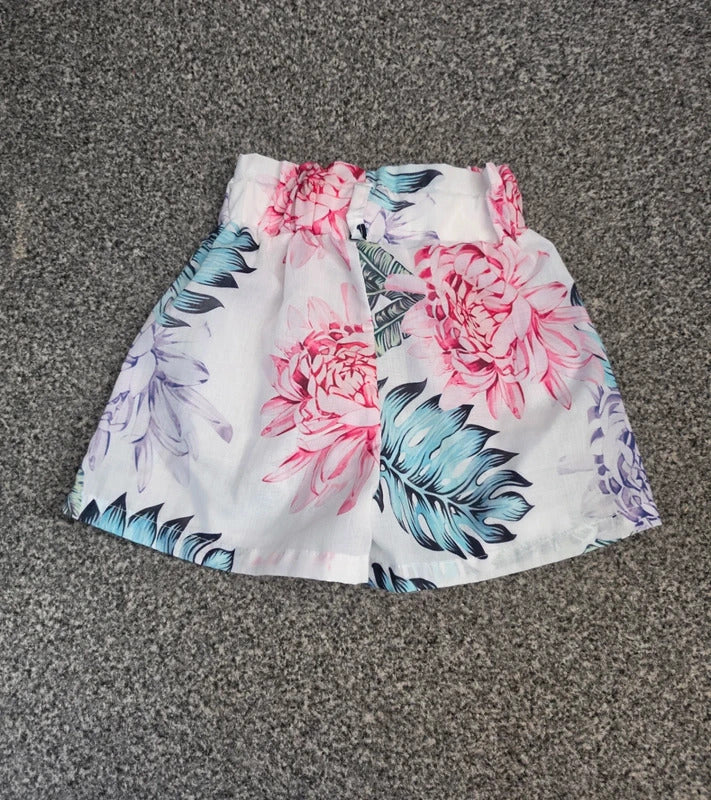 Girls White Tropical Floral & Palm Print Paperbag Flared Shorts Age 3 Years