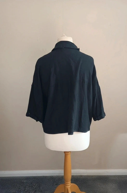 Primark Black Oversized Cropped Short-Sleeved Linen Blend Shirt Large Size 14-16