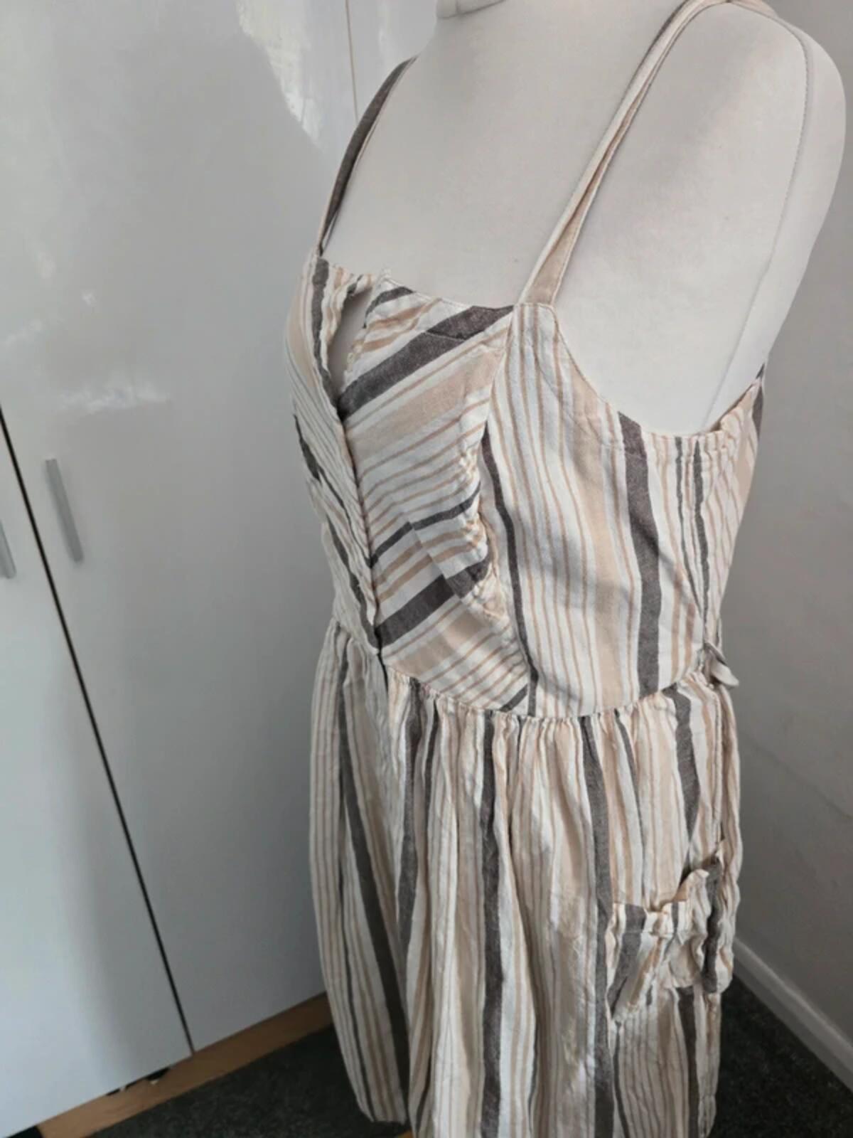 TU Beige White Brown Striped Linen Blend Belted Midi Dress Size 18