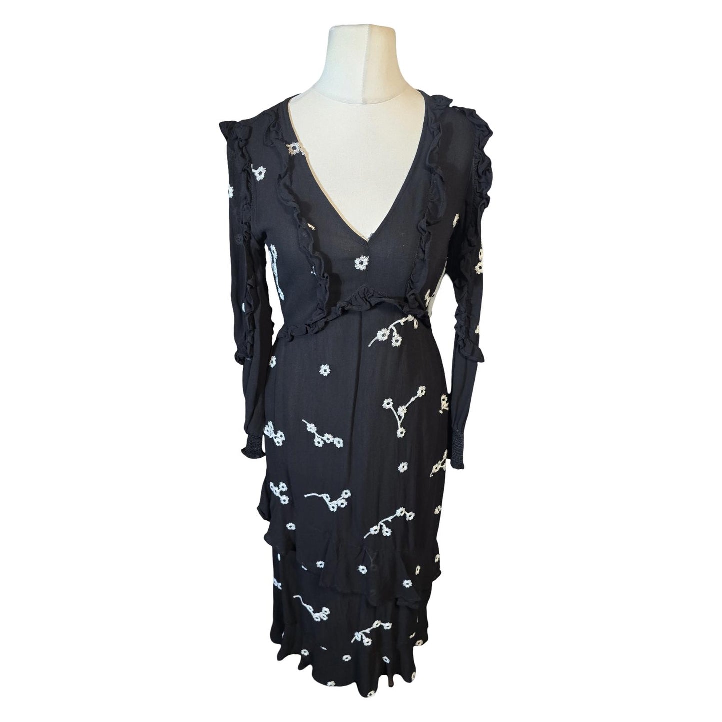 River Island Black & White Floral Frill Midi Dress β Size 8