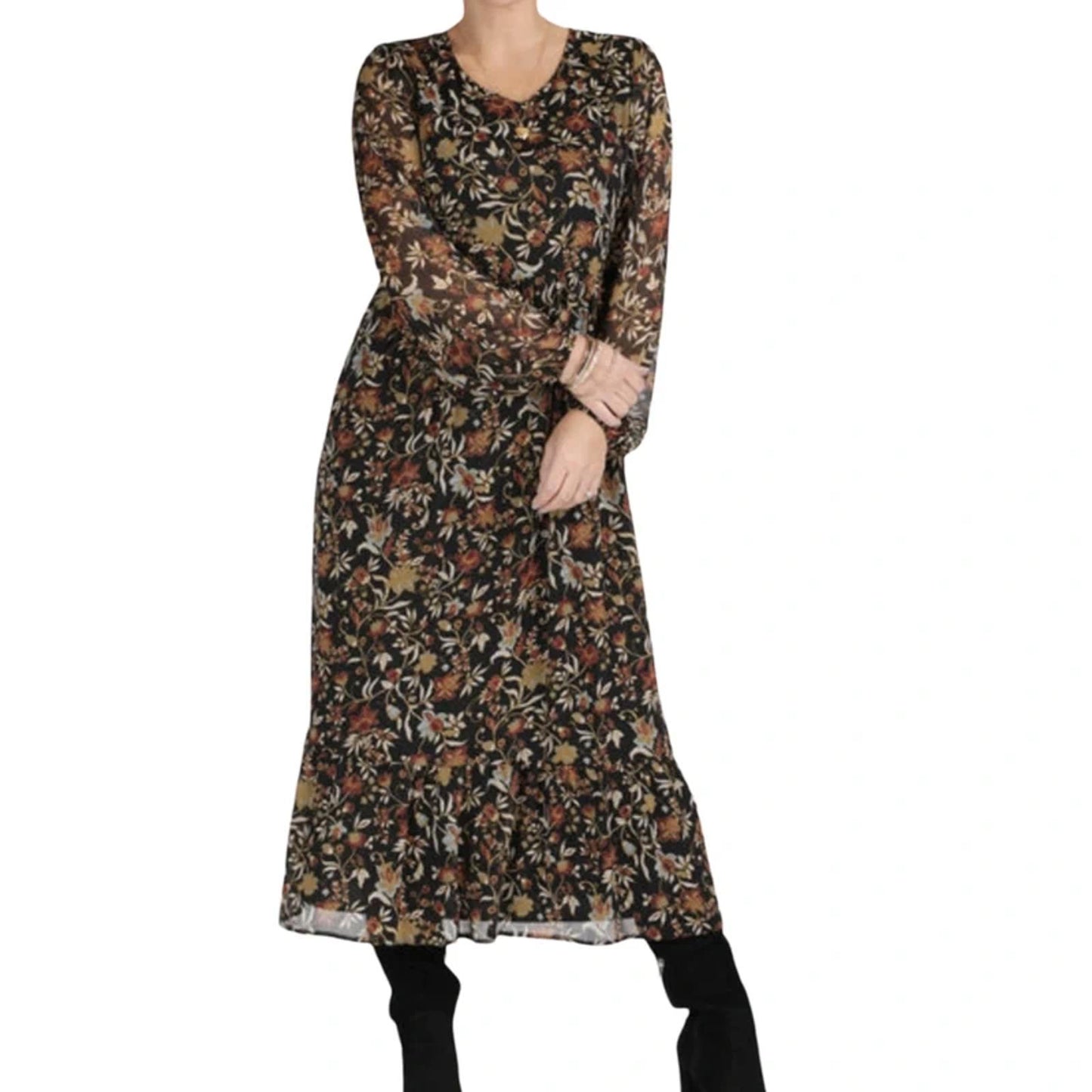 Bonmarché Floral Midi Dress Black Multi Colour Size 12 Long Sleeve