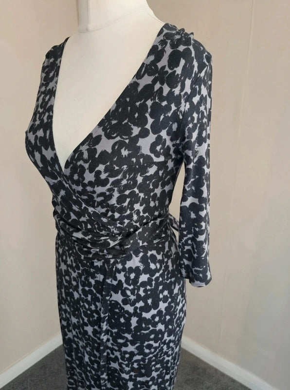 Monsoon Women's Black & Grey Floral Wrap-Front Midi Dress Size 12