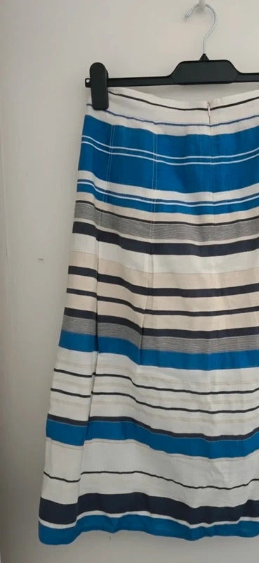 Country Casuals Navy Blue & White Striped Linen Blend Midi Skirt Size 10