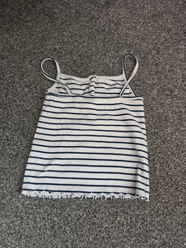 Girls Navy & White Striped Ribbed Strappy Vest Top Lettuce Hem Age 3 Years