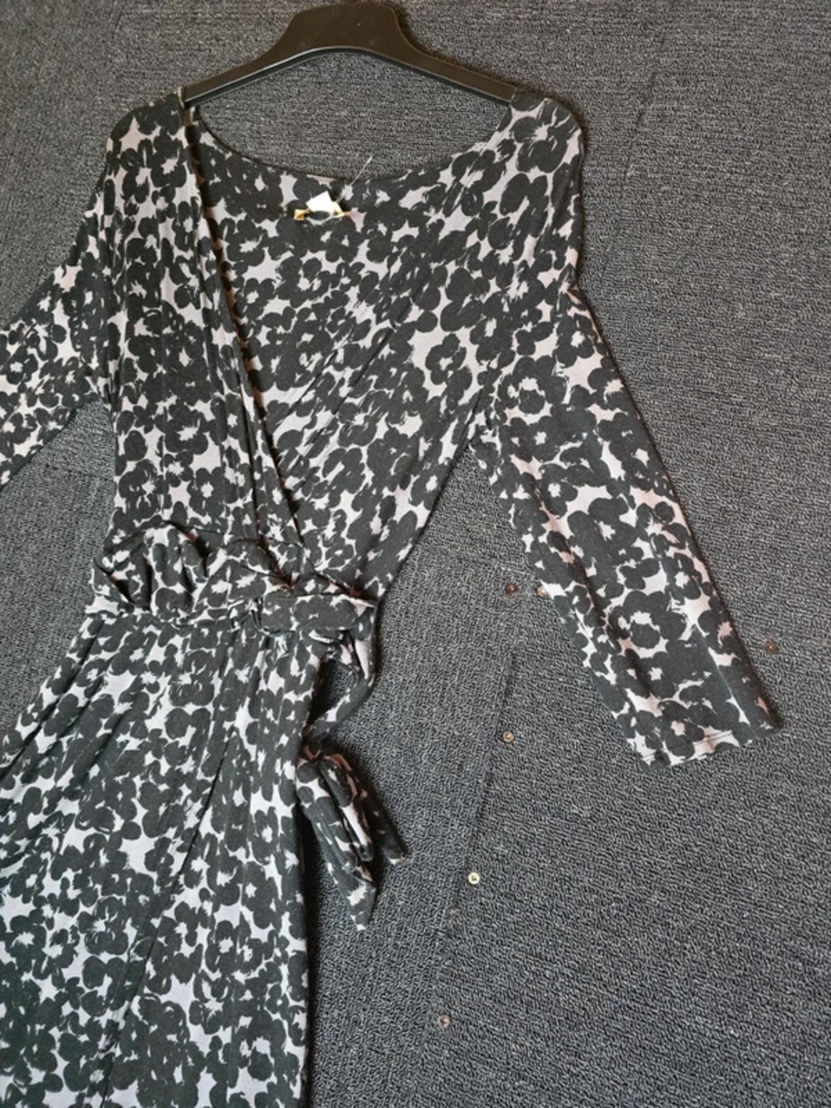 Monsoon Floral Wrap Midi Dress Black & Grey Size 12 Bodycon Smart Causal