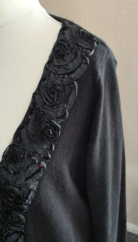 Per Una Women's Black Sequin Floral Ribbon Trim Hook-Closure Cardigan Size 20
