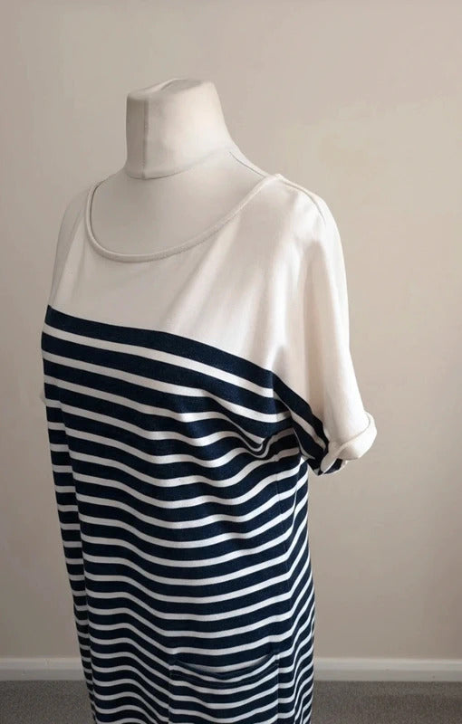 White Stuff Women's Cream & Navy Striped Short-Sleeve Cotton Midi Dress Size 12