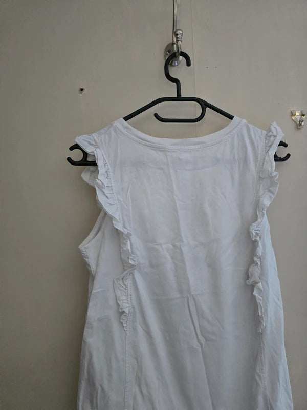 River Island White Frilly Short Sleeved Cotton T-Shirt Size 10 (Fits 6-8)