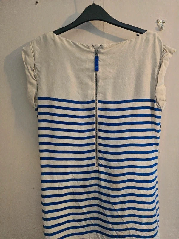Derhy Cream & Blue Striped Floral 100% Silk Short Sleeved Knee Dress L Size 12