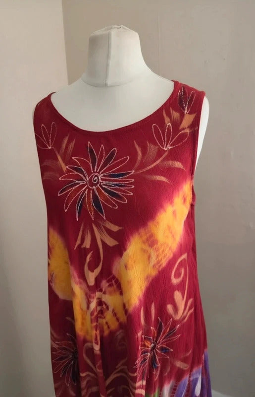Red & Yellow Tie-Dye Embroidered Asymmetrical Midi Dress One Size