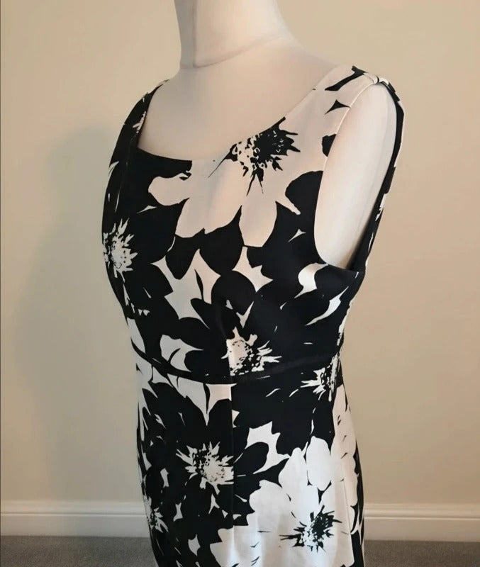 Laura Ashley Monochrome Cotton-Linen Floral Midi Dress Size 14