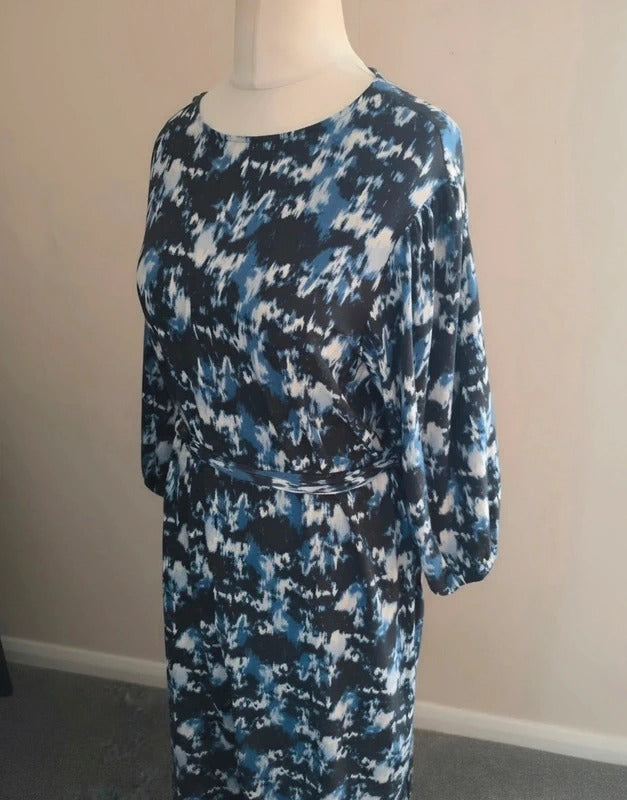 Primark Women's Blue, Black & White Patterned Belted Midi Dress Size 16