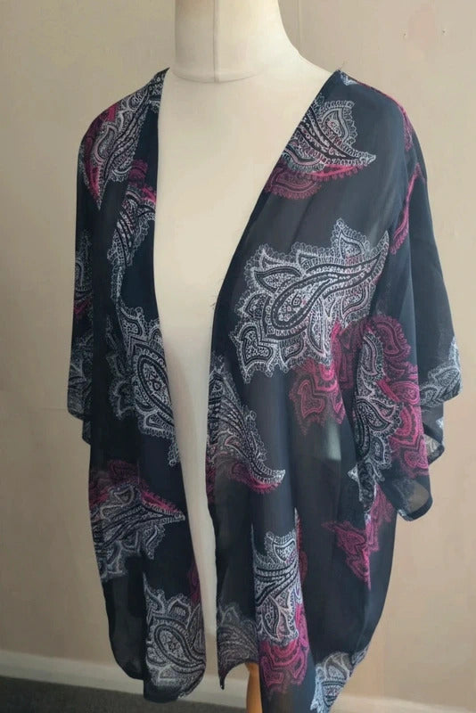 Originals Navy & Pink Patterned Sheer Open Beach Cover-Up M Size 14-16