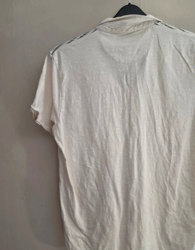 Next Men’s Cream & Grey Striped Short Sleeved Polo Shirt Size Medium