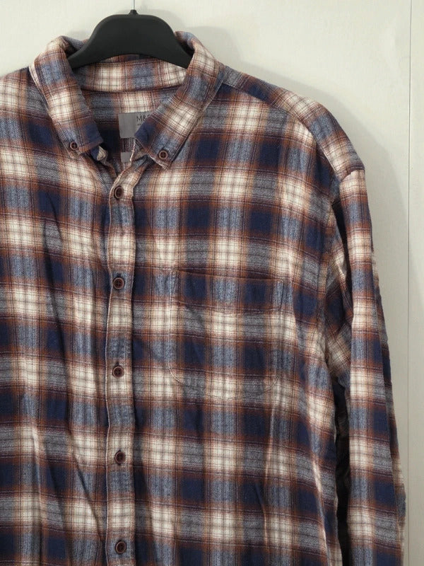 Mens Marks & Spencer Brown Navy Checked Long Sleeve Shirt XL Regular