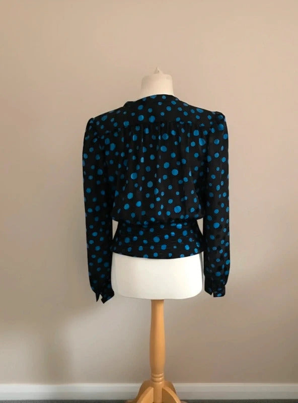 Vintage 1980s Parigi Black and Blue Polka Dot Blouse Size 8-10