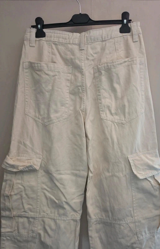 Bershka Cream High Waisted Cargo Flared Cotton Jeans Size EU 38 Size 10