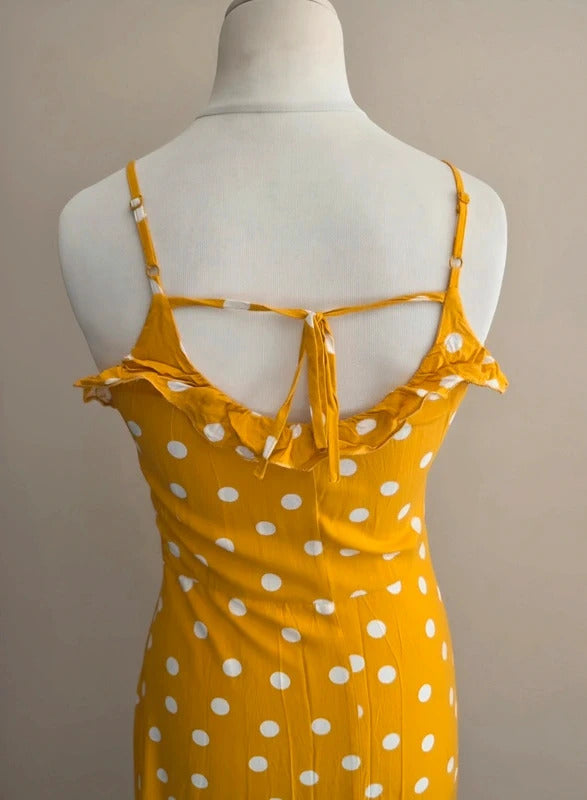 Warehouse Mustard Yellow & White Polka Dot Tie-Back Midi Dress Size 10