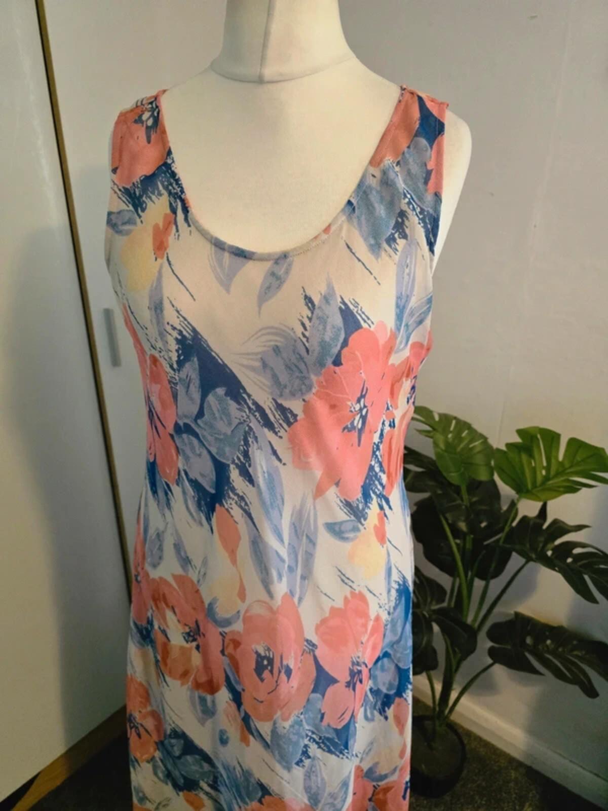Adini Cream Pink & Blue Floral Sleeveless Midi Dress L Size 10-12