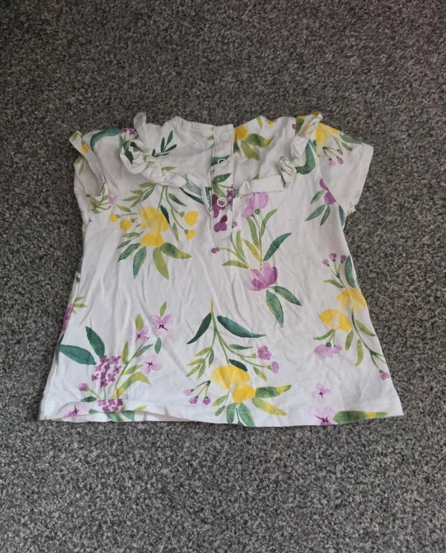 Tu Baby Girls White Floral Frill Collar Short Sleeve Cotton Top 9-12 Months