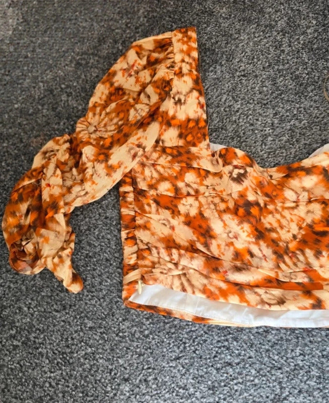 Zara Orange Patterned Ruched Crop Top Size S Fits Size 8-10