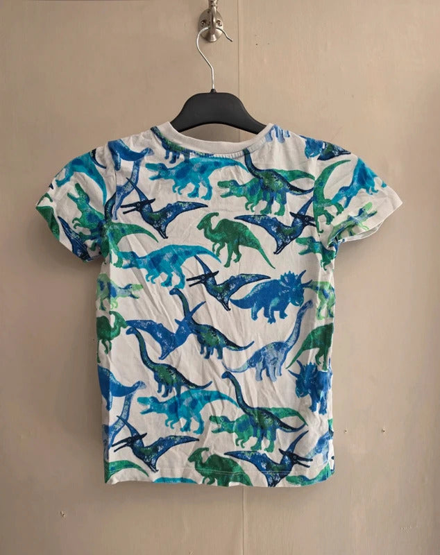 Nutmeg Boys White Blue & Green Dinosaur Print Cotton T-Shirt Age 6-7 Yrs