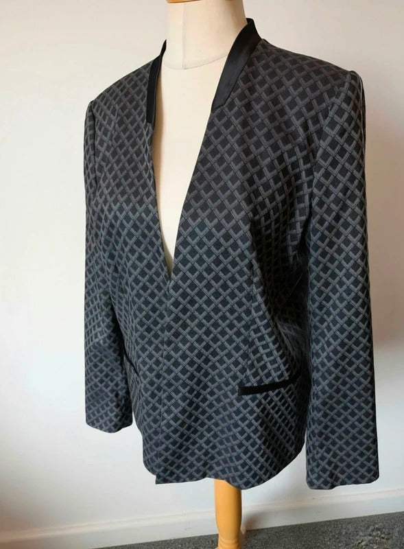 South Black & Grey Geometric Pattern Collarless Blazer Jacket Size 18