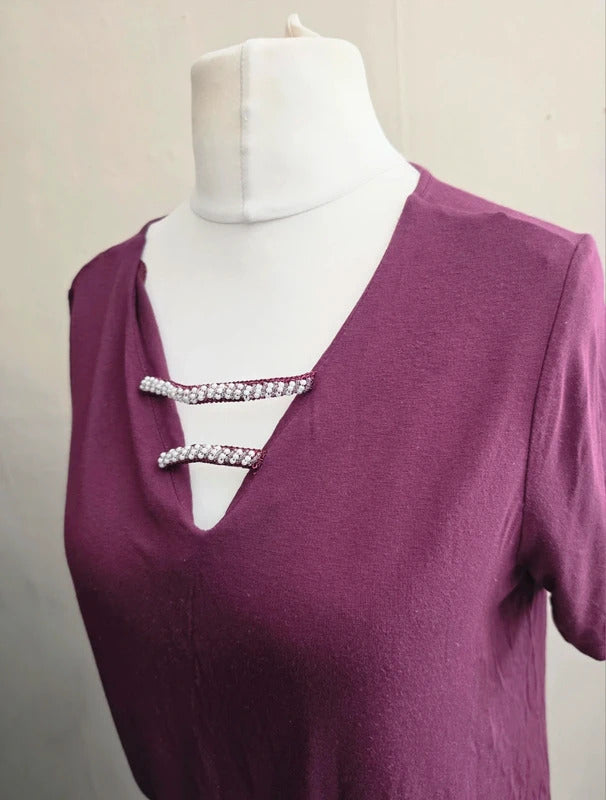 F&F Burgundy Purple Embellished V-Neck Short Sleeve Top Size 12