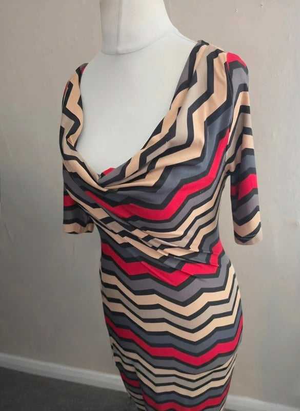 Louche Grey Red and Beige Zigzag Bodycon Maxi Dress Size 10