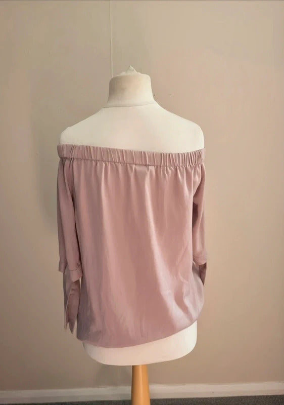 H&M Beige Silky Off-The-Shoulder Bardot Top Size 8 (EUR 36)