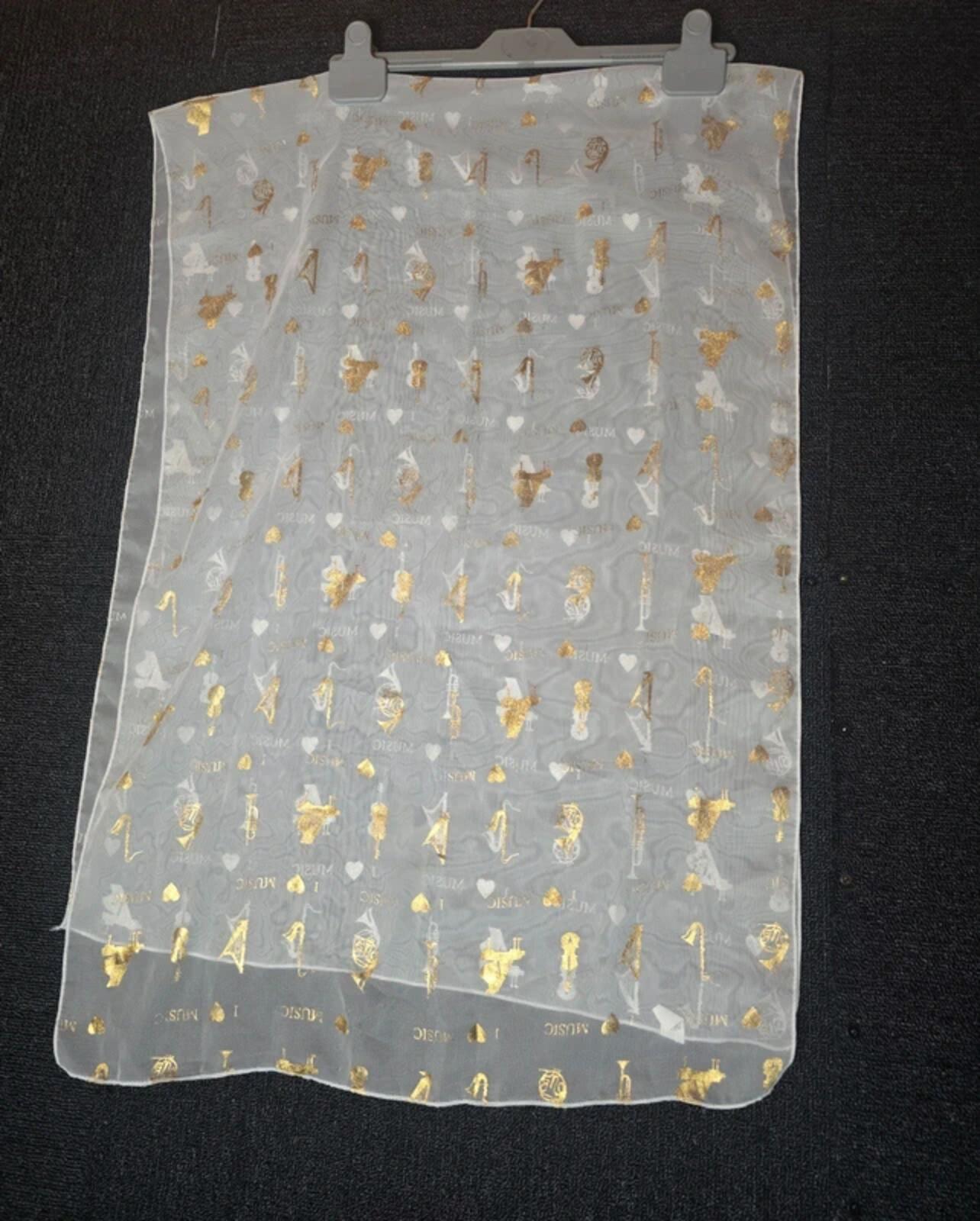 Music print white, gold & silver shawl scarf