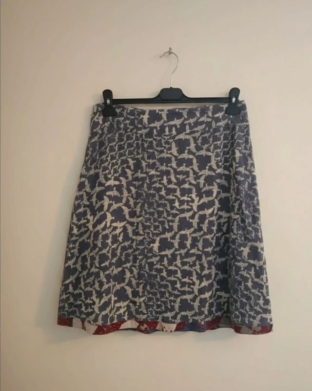 White Stuff Reversible Skirt 10 Blue Cream Bird Print Burgundy Floral 100 Cotton