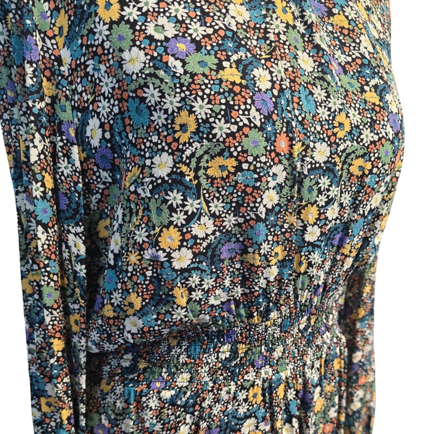 Next Floral Midi Dress Multicolour Size 10 Smocked Waist & Tie Back