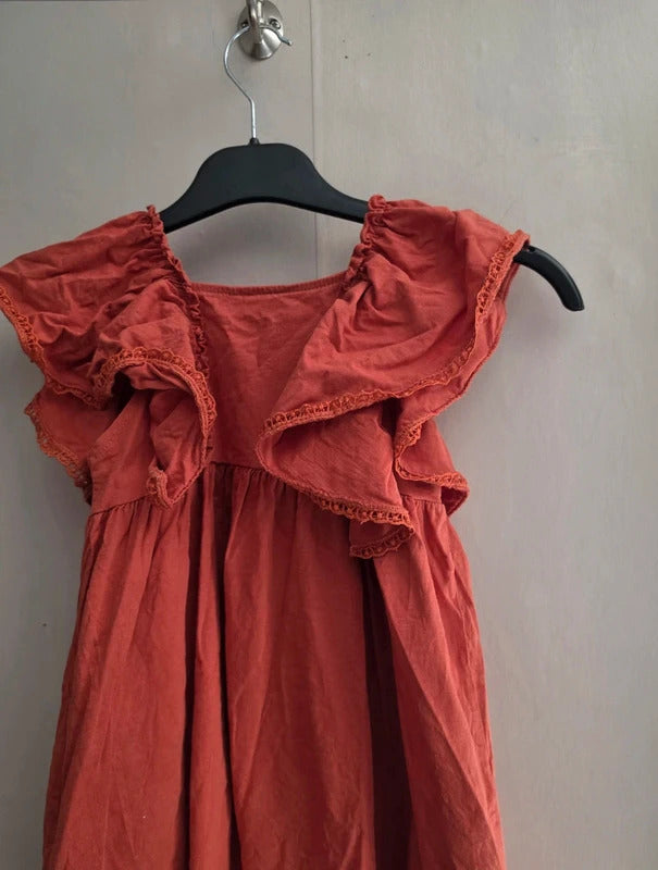 H&M Girls Burnt Orange Frill Detail Cotton Dress Age 4-6 Years