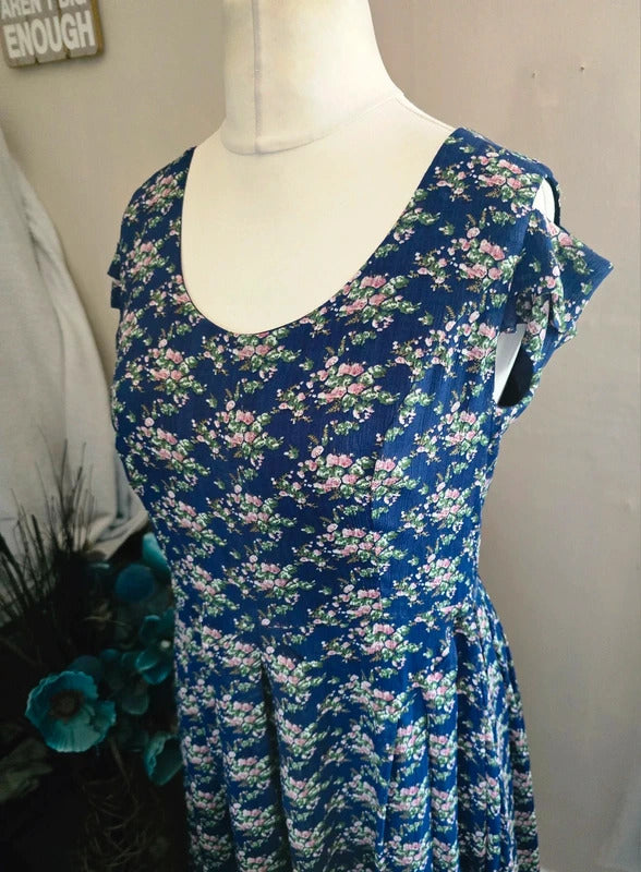 Jumpo Blue & Pink Floral Cold Shoulder Flared Midi Dress M/L Size 12-14