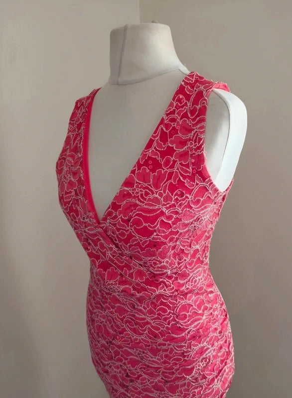Lipsy London Pink & White Lace Bodycon Dress Size 12 Sequin Detail Occasion Wear